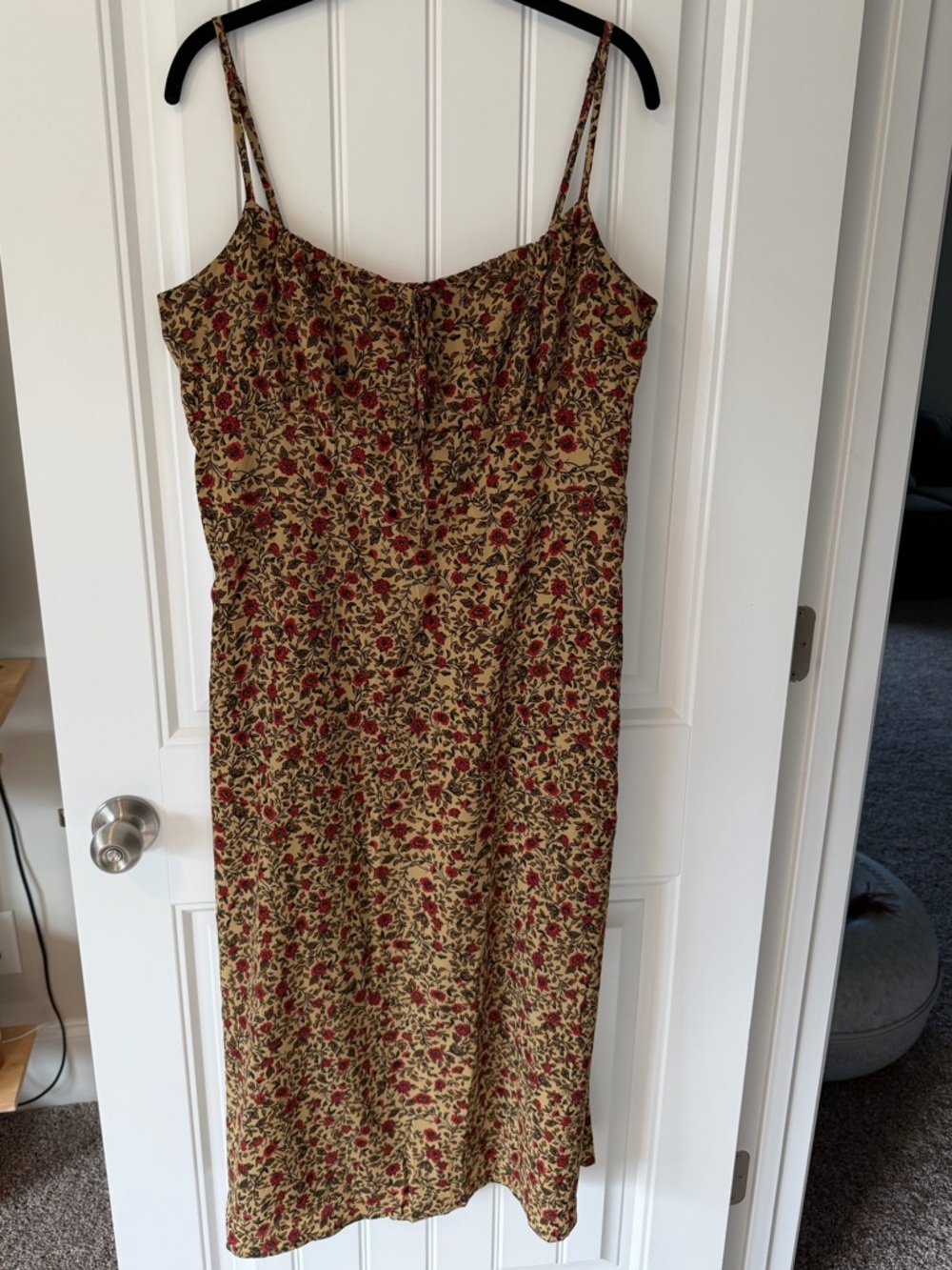 Floral Spaghetti Strap Midi Dress - Beige with Red Floral